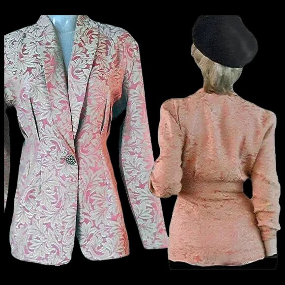Vintage Spring Blazer Curvy Tapered Long Tailored Damask - 80s - Picture 2 of 10